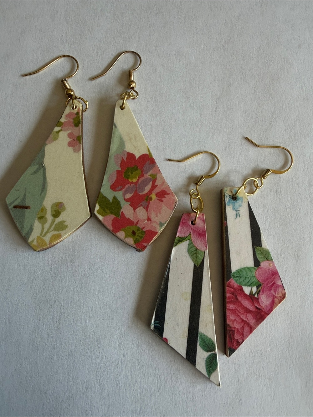Floral Printed Geometric Drop Earrings - Pink